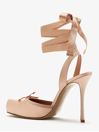 サテンハイヒール スクエアトゥ ボウ レースアップ バレエパンプス レディース 2025