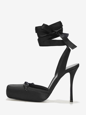 サテンハイヒール スクエアトゥ ボウ レースアップ バレエパンプス レディース 2025