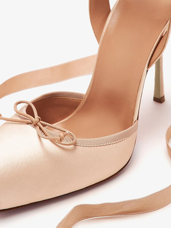 サテンハイヒール スクエアトゥ ボウ レースアップ バレエパンプス レディース 2025