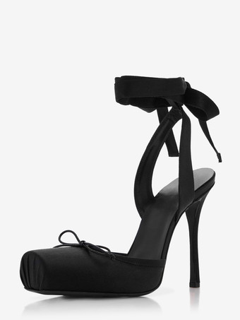 ブラック サテンハイヒール スクエアトゥ ボウ レースアップ バレエパンプス レディース 2025