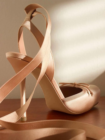 サテンハイヒール スクエアトゥ ボウ レースアップ バレエパンプス レディース 2025