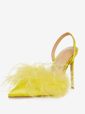 黄緑色サテンハイヒール フェイクフェザー ポインテッドトゥ スリングバックパンプス レディース