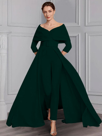 エメラルド 花嫁の母親のためのパーティードレス。デザインされたネックライン、7分丈の袖、ジャンプスーツ、サッシュ、フロアレングスのウェディングゲストドレス。