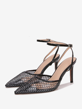 Schwarze High Heels Mesh Spitzschuh Strasssteine Knöchelriemen Partyschuhe