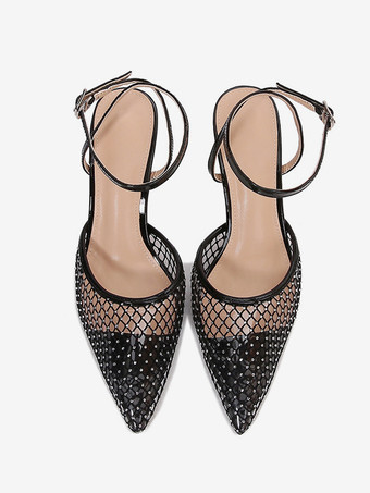 Schwarze High Heels Mesh Spitzschuh Strasssteine Knöchelriemen Partyschuhe