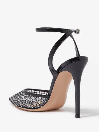 Schwarze High Heels Mesh Spitzschuh Strasssteine Knöchelriemen Partyschuhe