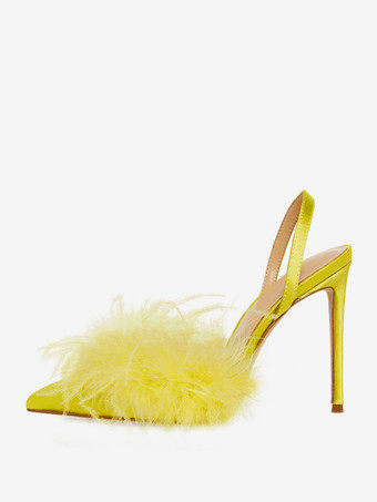 サテンハイヒール フェイクフェザー ポインテッドトゥ スリングバックパンプス レディース