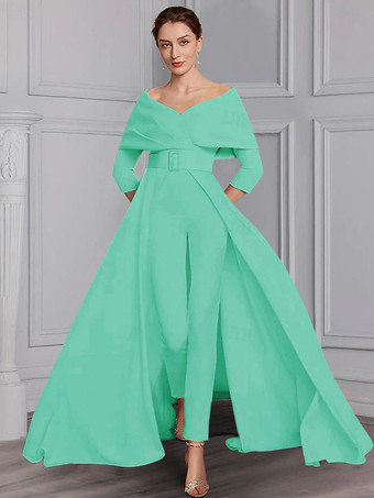 ミントグリーン花嫁の母親のためのパーティードレス。デザインされたネックライン、7分丈の袖、ジャンプスーツ、サッシュ、フロアレングスのウェディングゲストドレス。