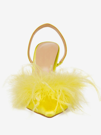 サテンハイヒール フェイクフェザー ポインテッドトゥ スリングバックパンプス レディース