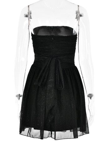 パーティードレス レッド ストラップレス リボン ノースリーブ オープンショルダー セミフォーマルドレス