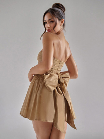 パーティードレス レッド ストラップレス リボン ノースリーブ オープンショルダー セミフォーマルドレス