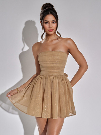 パーティードレス レッド ストラップレス リボン ノースリーブ オープンショルダー セミフォーマルドレス