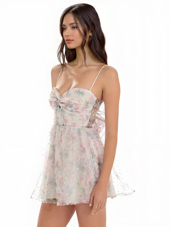 花柄プリントのパーティードレス スパゲッティストラップ カットアウト ツイストフロント ミニドレス