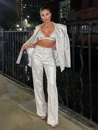 ジャケット、パンツ、ブラが付いた光沢のある3ピースのコーディネートセット（イブニングイベントやクラブ2025）