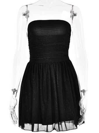 パーティードレス レッド ストラップレス リボン ノースリーブ オープンショルダー セミフォーマルドレス