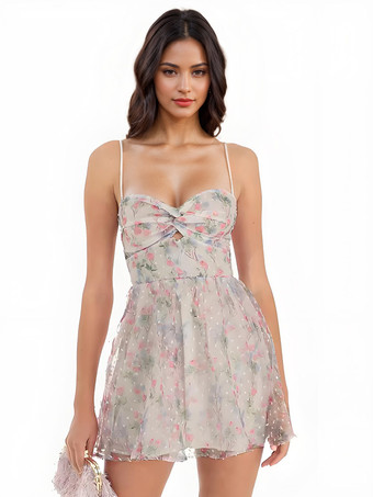 ピンク花柄プリントのパーティードレス スパゲッティストラップ カットアウト ツイストフロント ミニドレス