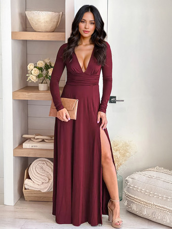 ワインレッド マキシ パーティードレス Vネック 長袖 ハイスリット セミフォーマル ロングドレス レディース 2025