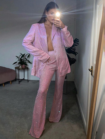 ピンクジャケット、パンツ、ブラが付いた光沢のある3ピースのコーディネートセット（イブニングイベントやクラブ2025）