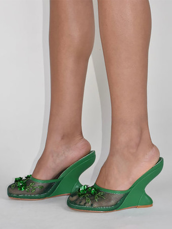グリーン レディース ウェッジサンダル メッシュ ラウンドトゥ フラワー バックレス ウェッジミュール