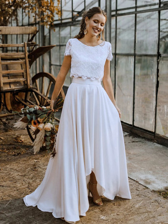 WeißBrautkleid Zweiteiler Spitze V-Ausschnitt Kurzarm Standesamtkleid