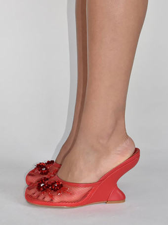 レッド レディース ウェッジサンダル メッシュ ラウンドトゥ フラワー バックレス ウェッジミュール
