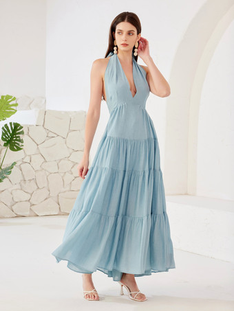 Light Sky BlueHalter Neck Boho Dress Summer Beach Layered A-line Long Dress For Women 2025