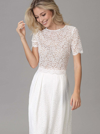 ブライダルミニドレス ショートウェディングドレス レースカットアウト ジュエルネック ティーレングスウェディングドレス 機能的なボタン 半袖 アイボリー