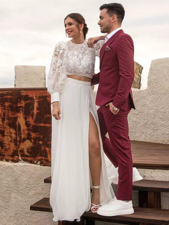 アイボリーツーピースウェディングドレス シフォンレース ジュエルネック ツーピース トレーン付きウェディングドレス 機能的なボタン 長袖 ロング 40cm アイボリー