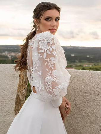 ツーピースウェディングドレス シフォンレース ジュエルネック ツーピース トレーン付きウェディングドレス 機能的なボタン 長袖 ロング 40cm アイボリー