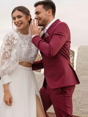 ツーピースウェディングドレス シフォンレース ジュエルネック ツーピース トレーン付きウェディングドレス 機能的なボタン 長袖 ロング 40cm アイボリー