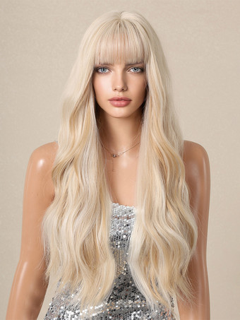 ライトゴールストレートな前髪のウェーブロングカーリーヘアウィッグ、女性用合成デイリーウィッグ 2025
