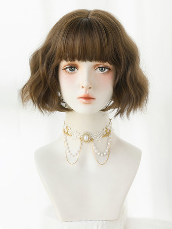 ボボ ショート カーリーヘア 前髪付き ウォーターウェーブ デイリー 合成ウィッグ 女性用 2025