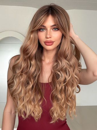 ライトブラウンカーテンバング付きブラウンロングカーリーヘアウィッグ 合成デイリーウィッグ 女性用 2025