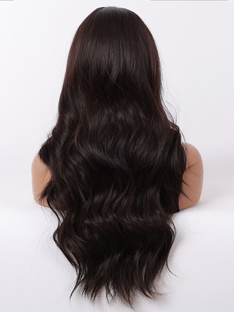 カーテンバング付きロングカーリーヘア、ブラックブラウン合成ウィッグ（女性用）2025