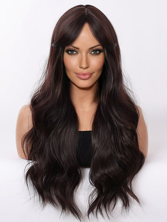 カーテンバング付きロングカーリーヘア、ブラックブラウン合成ウィッグ（女性用）2025