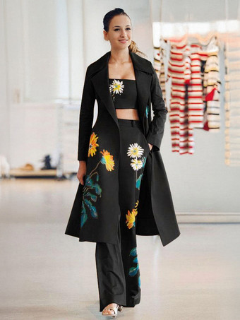 ブラック ツーピースコーデセット カーキパイピングプリント カジュアルオーバーコート 秋 長袖 ストレッチ レディース アウトフィット 2025