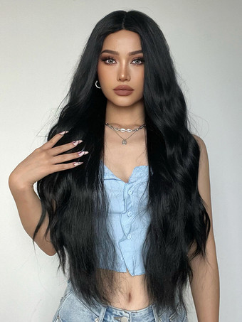 ブラック 黒のロングカーリーヘアウィッグ ミドルパート 合成フルヘッドウィッグ 女性用 2025