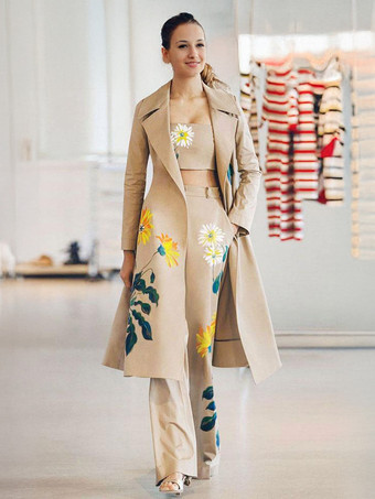 カーキ ツーピースコーデセット カーキパイピングプリント カジュアルオーバーコート 秋 長袖 ストレッチ レディース アウトフィット 2025