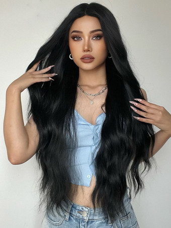 黒のロングカーリーヘアウィッグ ミドルパート 合成フルヘッドウィッグ 女性用 2025