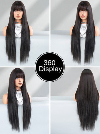 前髪付きエクストラロングストレートウィッグ 耐熱ファイバー デイリー合成ウィッグ 女性用 2025