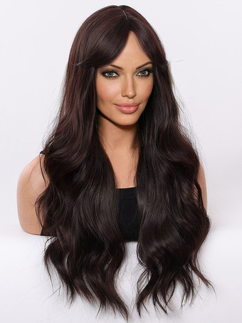 カーテンバング付きロングカーリーヘア、ブラックブラウン合成ウィッグ（女性用）2025