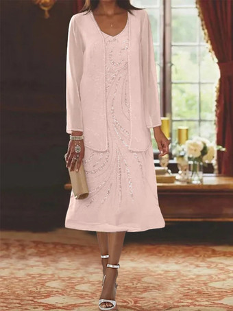 ピンクマザードレス デザインネックライン 長袖 ツーピース スパンコール ゲストドレス 結婚式用