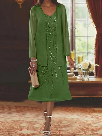 アボカドグリーンマザードレス デザインネックライン 長袖 ツーピース スパンコール ゲストドレス 結婚式用