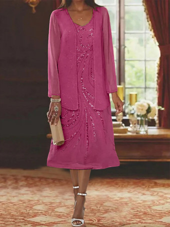 ピーチマザードレス デザインネックライン 長袖 ツーピース スパンコール ゲストドレス 結婚式用