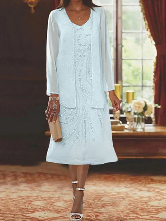 ベビーブルーマザードレス デザインネックライン 長袖 ツーピース スパンコール ゲストドレス 結婚式用