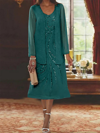 ブルーグリーンマザードレス デザインネックライン 長袖 ツーピース スパンコール ゲストドレス 結婚式用