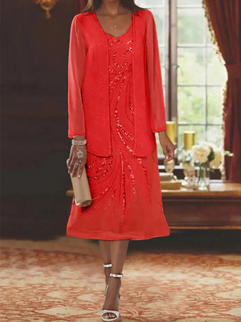 レッド マザードレス デザインネックライン 長袖 ツーピース スパンコール ゲストドレス 結婚式用