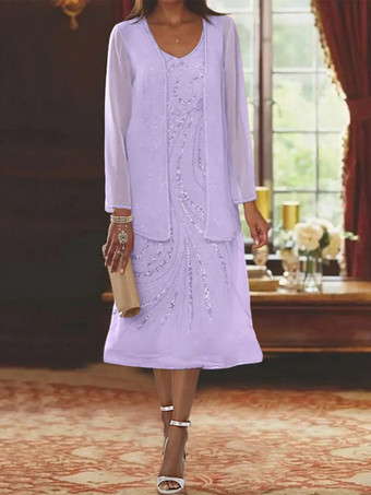 ライラックマザードレス デザインネックライン 長袖 ツーピース スパンコール ゲストドレス 結婚式用