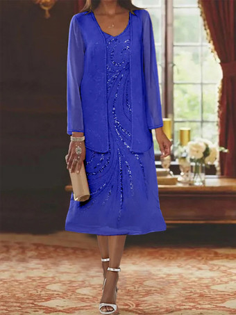 ロイヤルブルーマザードレス デザインネックライン 長袖 ツーピース スパンコール ゲストドレス 結婚式用