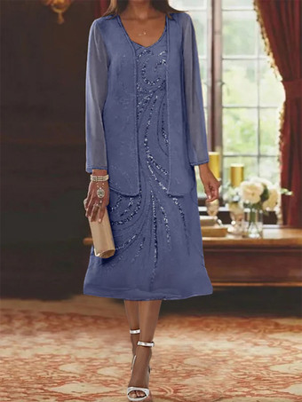 スチールブルーマザードレス デザインネックライン 長袖 ツーピース スパンコール ゲストドレス 結婚式用